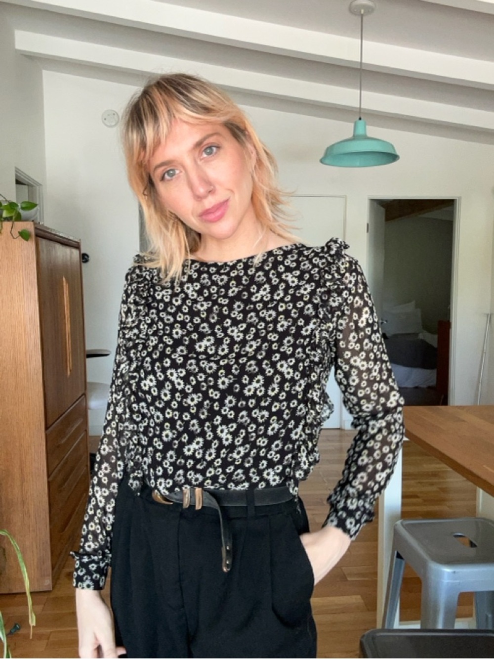 Zara “Trafaluc” Black Floral Long Sleeve Breezy Cropped Blouse